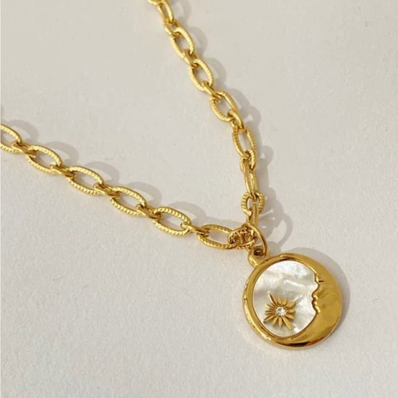 “Mother of Pearl Moon & Star” White Iridescent Shell Crescent Starburst Necklace - Picture 12 of 16